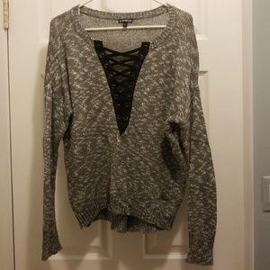 Express Gray Lace Up Sweater Size Small